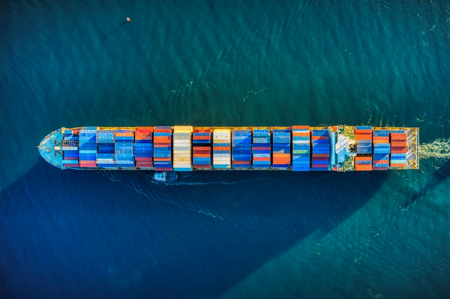 Aerial view of a container ship on open water
