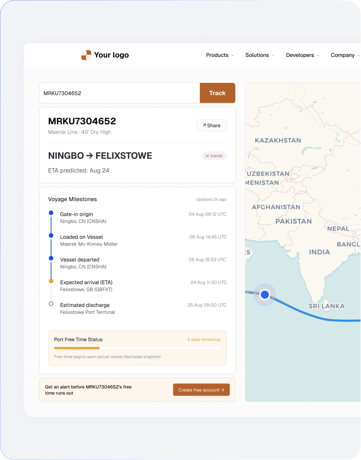 Harbor & Hale tracking dashboard with route map