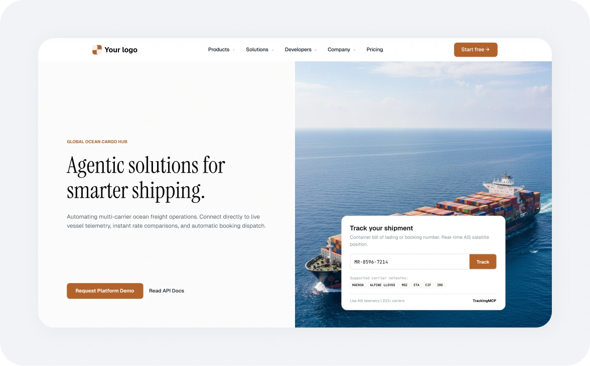 Harbor & Hale homepage hero with aerial port photo and tracking widget